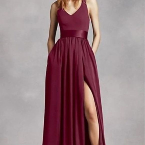 White Vera Wang Dresses & Skirts - White Vera Wang Bridesmaid Dress Halter Size 2 Wine Slit Satin NWOT 6386 Sash